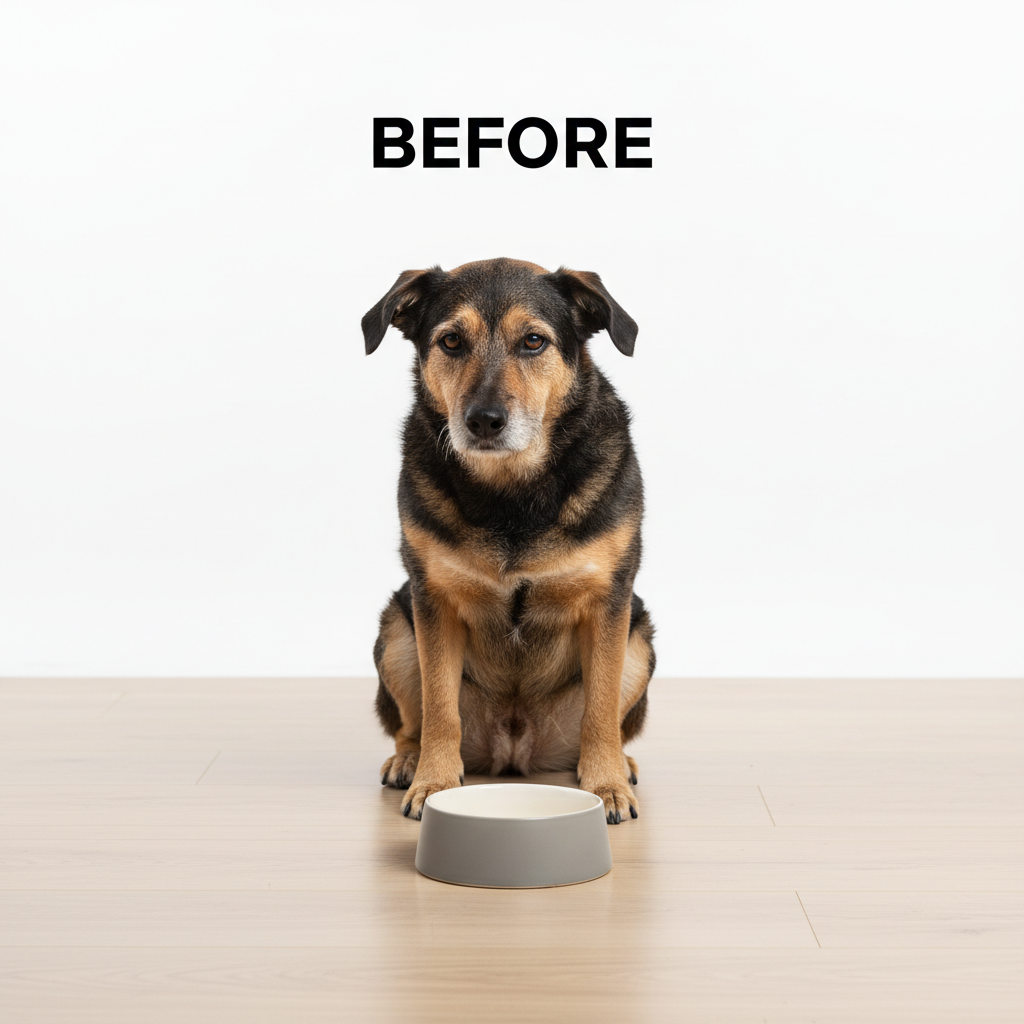 Before - Bored dog with empty bowl