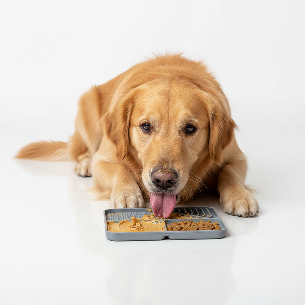 Happy dog licking food off the mat