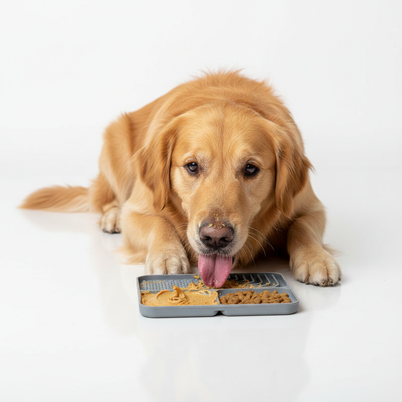 Happy dog licking food off the mat